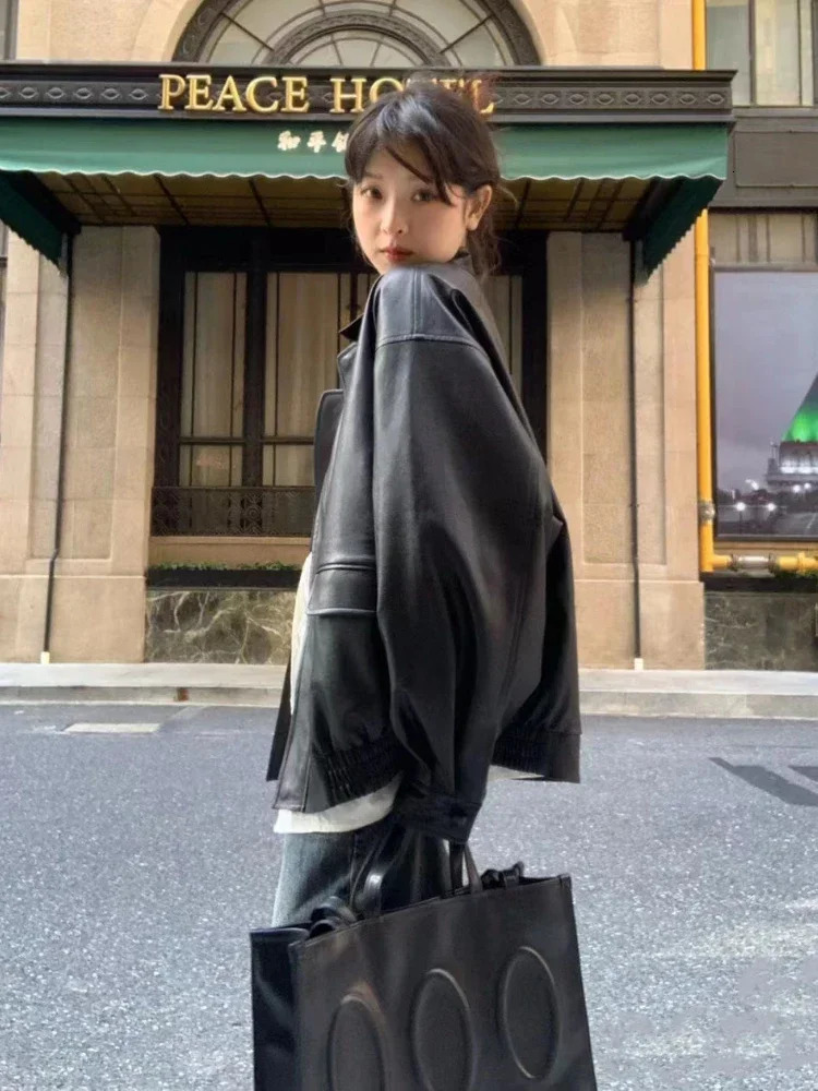 Vintage PU Leather Jacket Women High Street Techwear Oversized Moto Biker Coats BF Punk Loose Casual Cropped Outerwear 251029