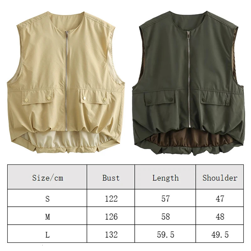 Womens Cropped Waistcoat Fashion Zipper Vest Women Sleeveless Loose Coats Female Chic Pleat Tops 251029