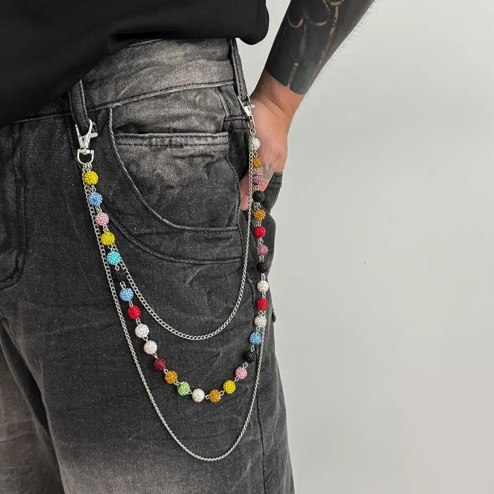 Fashion Jeans Chain Colorful Rhinestone Bead Waist Chain Gothic Beads Punk Belt Chain Zinc Alloy Hip Hop Pants Chain Steet 251021