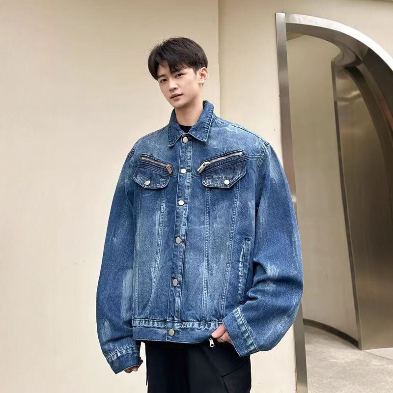 American Heavy Washed Denim Jacket For Men Spring And Autumn Vibe Designer Jacket Trendy Brand High Street Loose Fit Niche Punk Coat