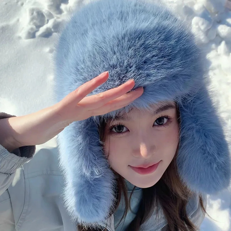 Fashion Women Plush Fluffy Bomber Hats Y2K Blue Marten Fur Windproof Warm Ear Protection Ski Hat Winter Beanies Hat 251029