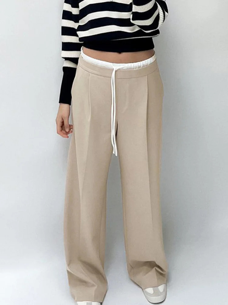 SIYANG Women Fashion Vintage Solid Straight Pants Side Zipper Drawstring Casual Trousers Spring Female Wide Leg 251029