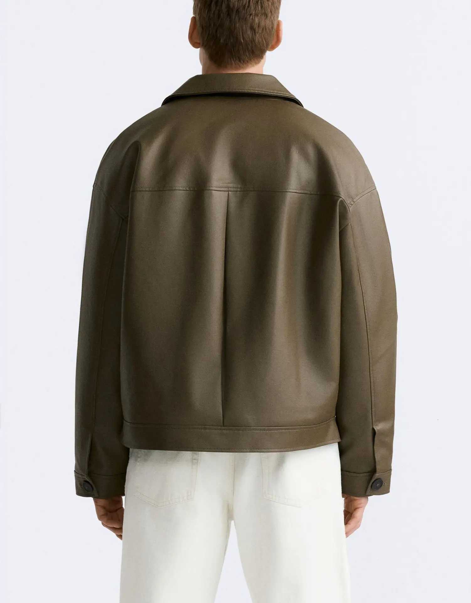 Mens Spring and Autumn New Fashion Casual Imitation Leather Lapel Jacket Solid Color Single Breasted Loose PU Leather JacketT251029