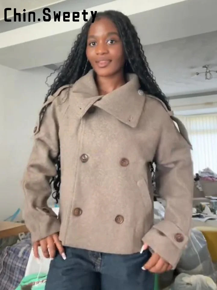 Casual Stand Collar Short Woolen Coats Women Double Breast Long Sleeve Loose Solid Jacket 2025 Autumn Winter Lady Warm Outwears 251029