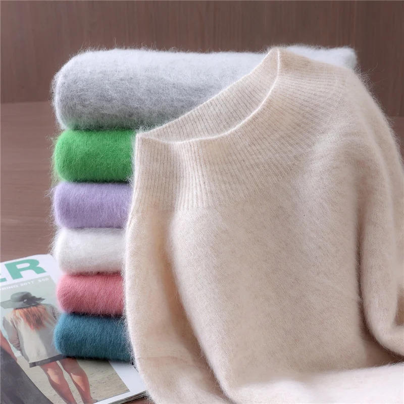 Chic Womens Clothing 100 Mink Cashmere Pullover Solid Color Mock Neck Soft Basic Sweater Autumn Winter Casual Knitted Tops 251029