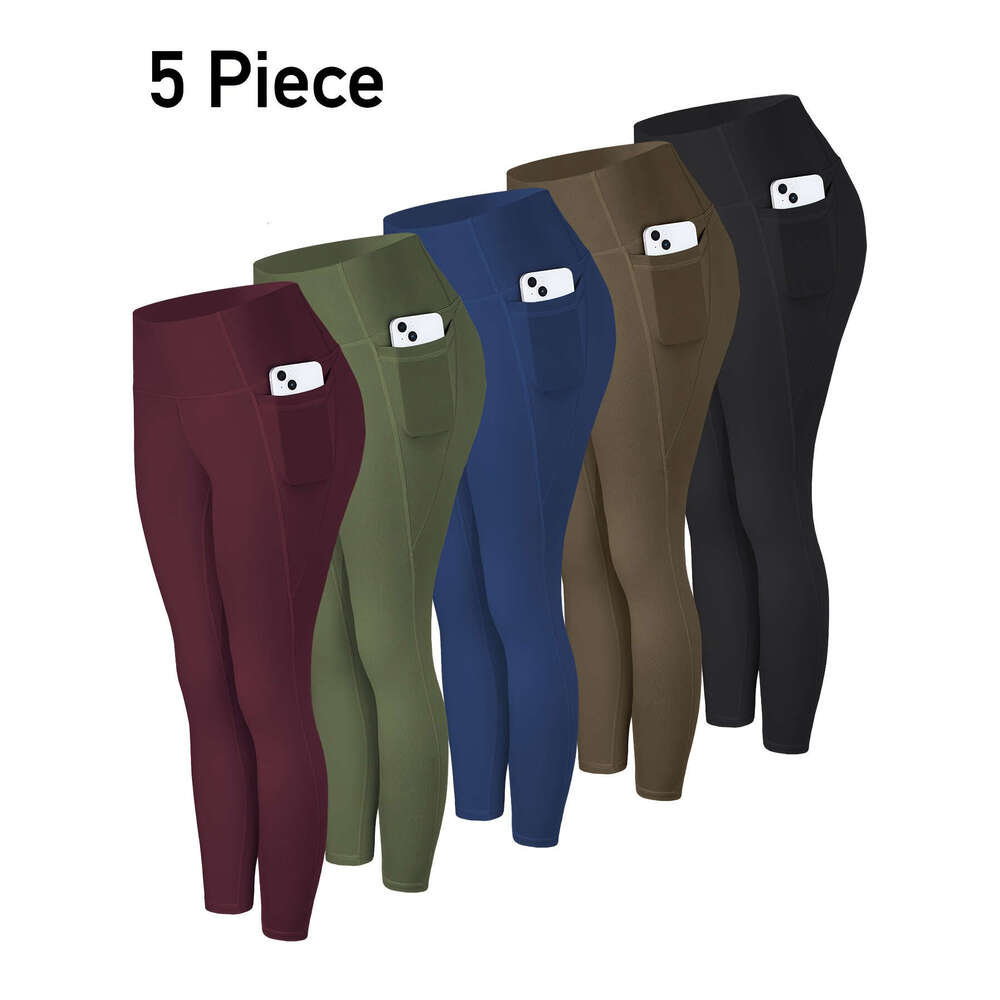 5pcs Multi-Color Pack Maroon/Blue/Black/Olive Women's High-Waisted Leggings with Side Pockets - Non-See-Through & Pants, Stretchy Cropped Bottoms