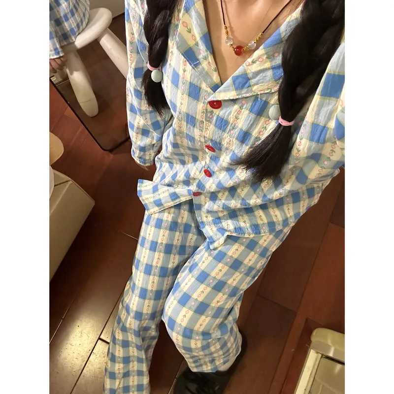 Autumn and Winter Women Nightwear Plaid Rose Striped Long Sleeve Trousers Pajamas Loungewear Plus Size TwoPiece Set SleepwearT251029