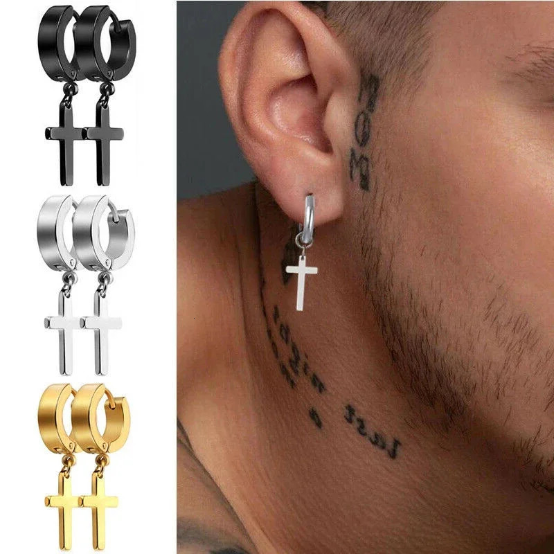2pc Stainless Steel Men Cross Stars Punk Dangle Earrings Gothic Woman Cross Ear Hoop Earrings Pendant Piercing Jewelry 251013
