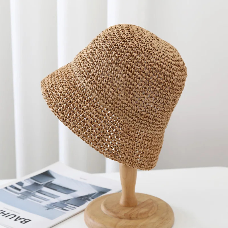 Simple Solid Handmade Crochet Bucket Hat For Women Outdoor Summer Sunshade Breathable Japan Style Paper Straw Fisherman Cap 251029