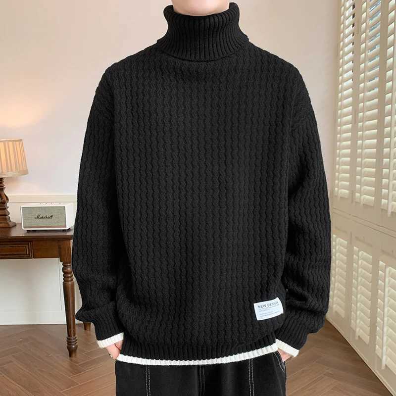Winter Mens Turtleneck Long Sleeve Knitted Sweaters High Street Appliques Knitwear Pullovers Y2K Vintage ONeck Pull Homme J251029