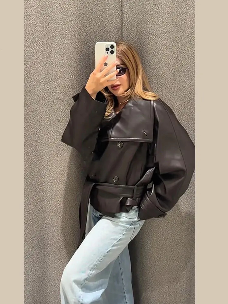 Street Womens Cropped Leather Jackets With Belt Lapel Double Breasted Pockets Full Sleeve Coat 2025 Autumn Lady Vintage Outwear 251029