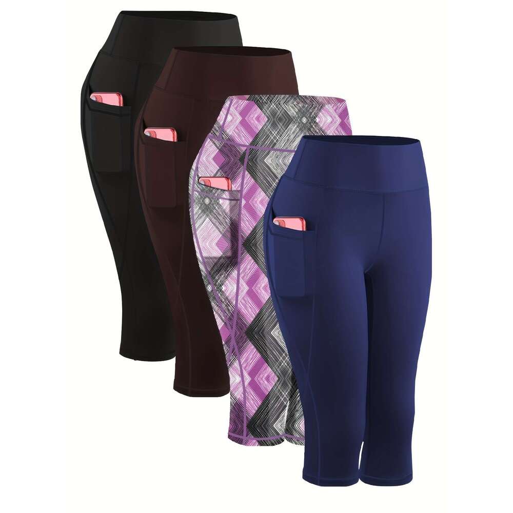 4Pcs Plus-Size Women's Capri Yoga Leggings - High-Waist, Stretchy Compression Fiess Pants With Side Pockets, Breathable Knit Fabric In Black, Nav