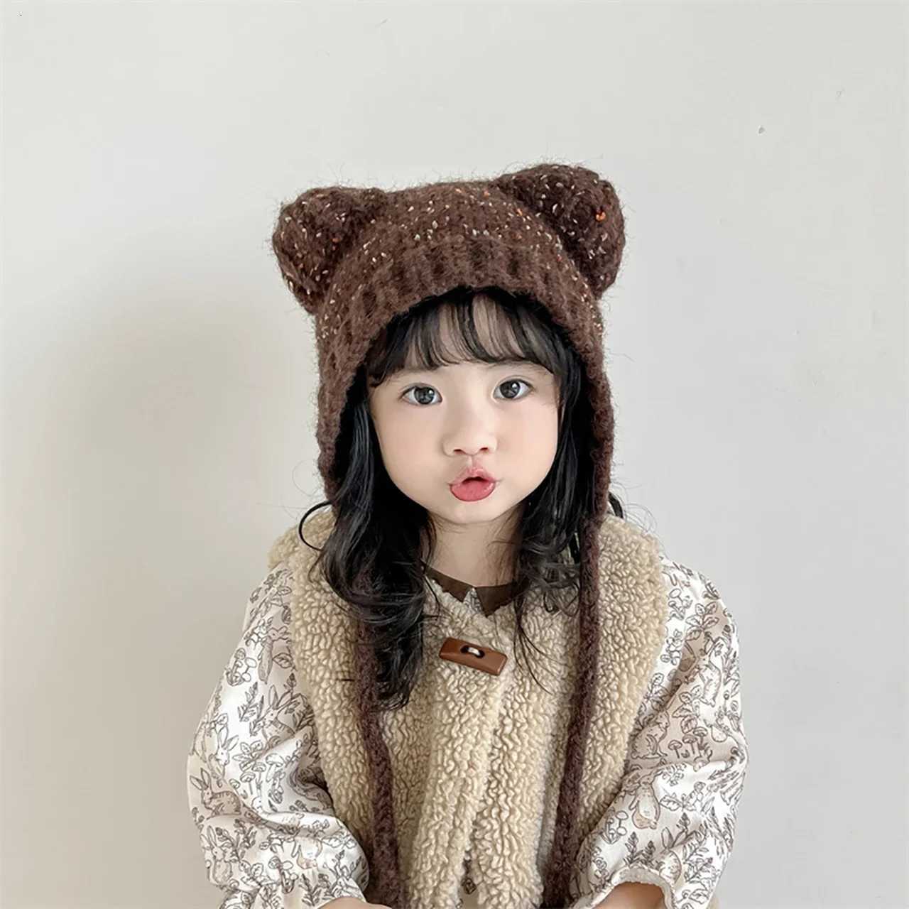 Cute Cat Ear Baby Winter Hat Cartoon Solid Color Knitted Beanie Cap Outdoor Warm Ear Protection Kids Boys Girls Lacing Hats251028
