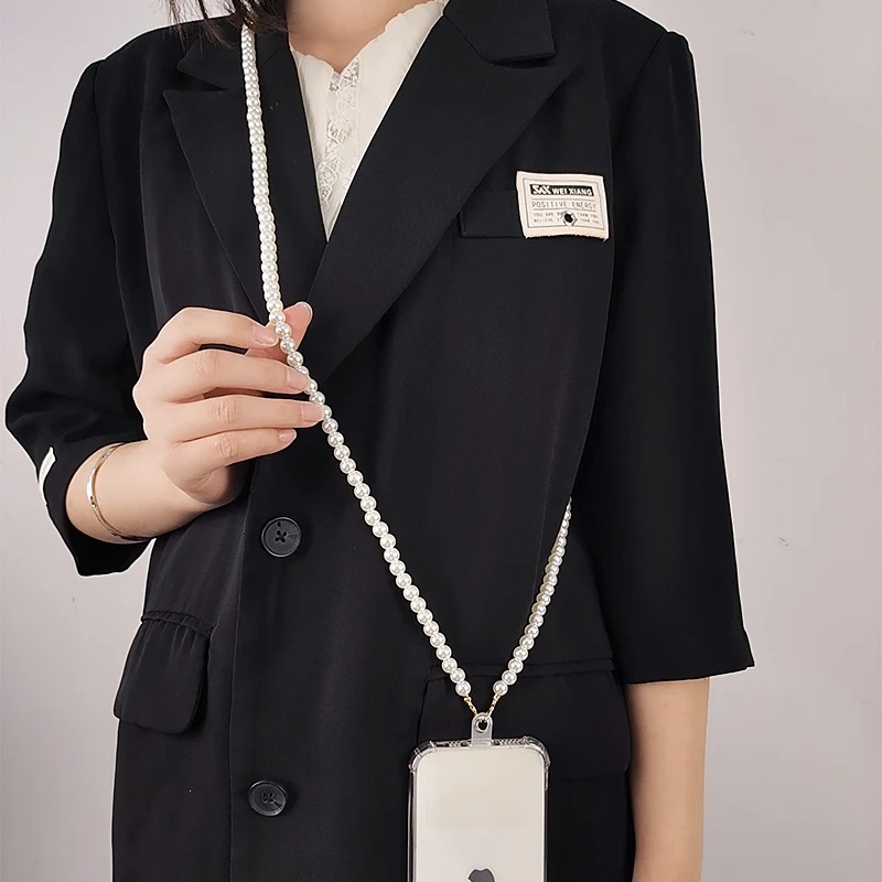 Phone Lanyard Long Crossbody Necklace Chain Hand-beaded Plastic Pearl Strap Anti-lost Sling Universal Clip Bag for Phone Case