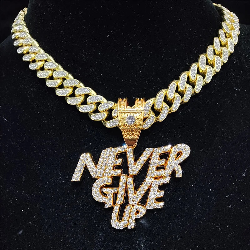 Men Women Hip Hop NEVER GIVE UP Pendant Necklace 13mm Crystal Cuban Chain HipHop Iced Out Bling Necklaces Fashion Charm Jewelry 251029