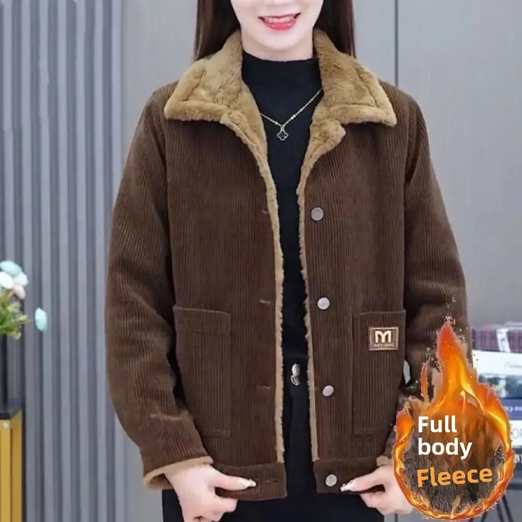 Plus Size Autumn Winter Thickened Corduroy Womens Short Coat Warm Fashion Slimming Loose Long Sleeve Jacket Stylish AntiAging 251029