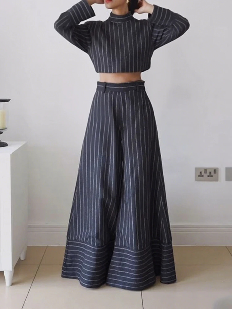 Gymystars Fall Women Striped Pants Sets Fashion Long Sleeves High Neck Blouses Loose Wide Leg Trousers Female Overalls 251028
