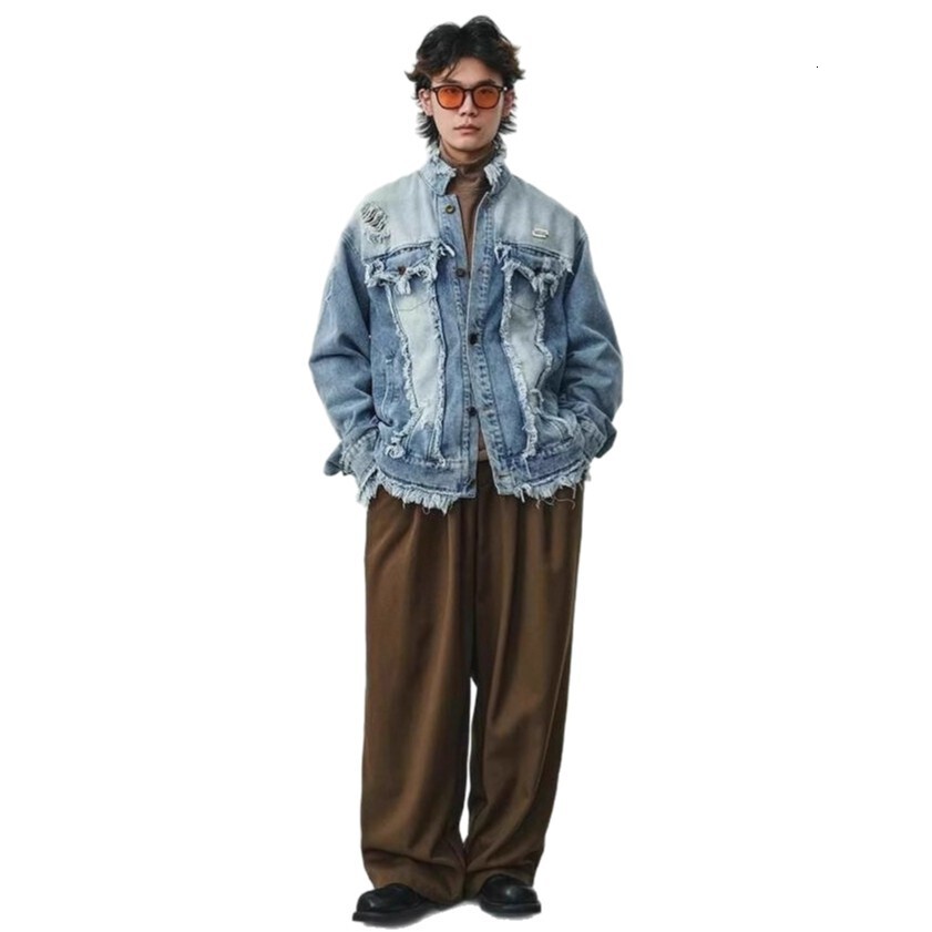 American Heavy Washed Vintage Fringe Raw Edge Denim Jacket Unisex Designer Jacket Trendy Casual Couple Coat Top