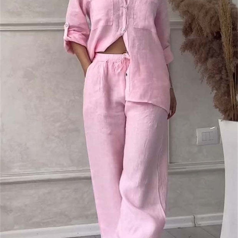 Spring Autumn Cotton Linen Long Sleeved shirt Long Pants Twopiece Set Women Casual Vneck Shirt Drawstring Wide leg Pant Suit 251028