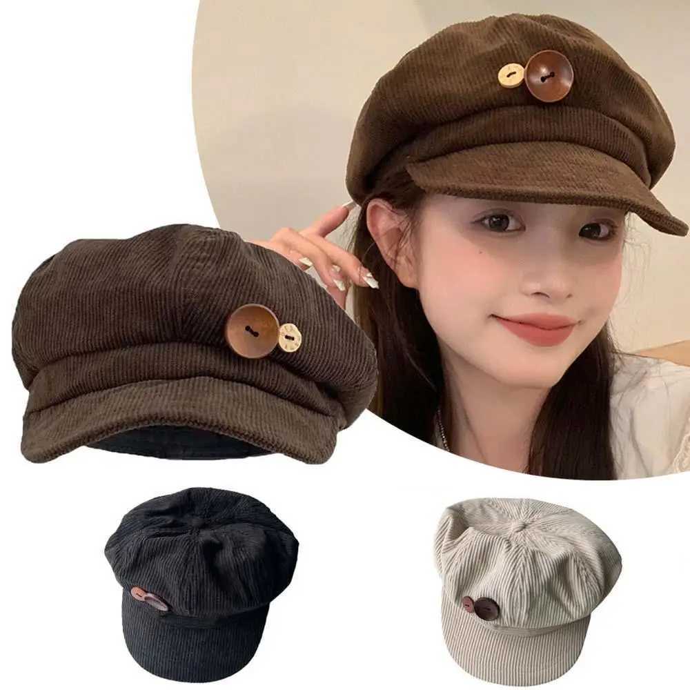 Brown Stripe Peaked Cap Fashion Outdoor Hat Double Button Decor Button Corduroy Item Useful Octagonal Cap Women Newsboy Hat