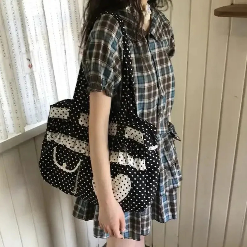 Dot Pattern Casual Shoulder Bag Ruched Sweet Large Capacity Tote Bags Heart Pocket Cute Handbag Commuting Bags For Women 251029