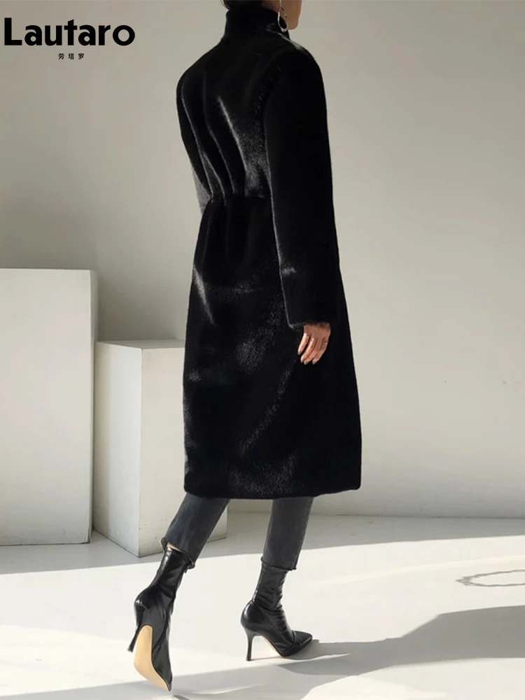 Lautaro Winter Long Black Elegant Stylish Thick Warm Fluffy Hairy Soft Faux Mink Fur Coat Women Stand Collar Sashes 251029