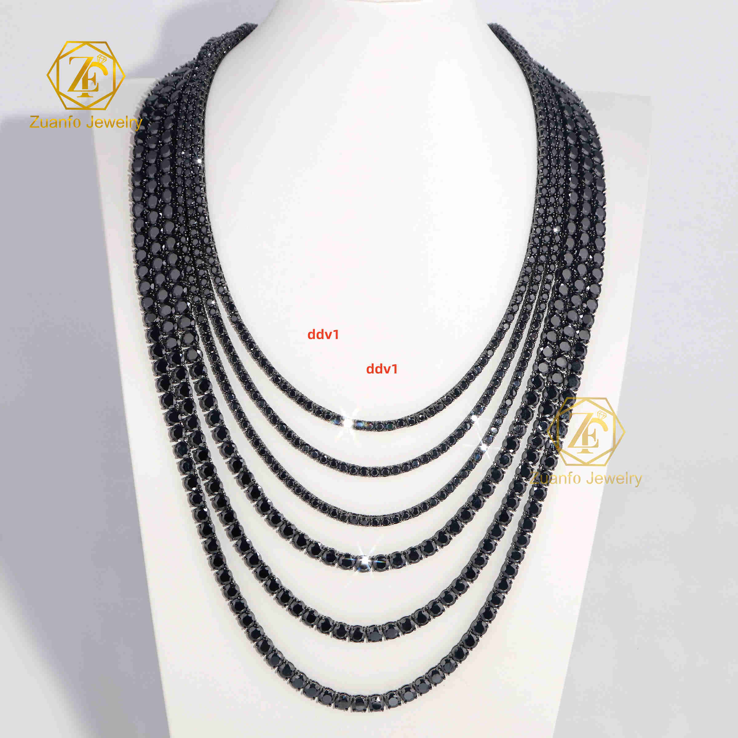 Wholesale 925 Sterling Silver Moissanite Tennis Chain Round Cut Black Diamond Bracelet and Necklace in Sizes 2mm 4mm 5mm 3mmDesigner style