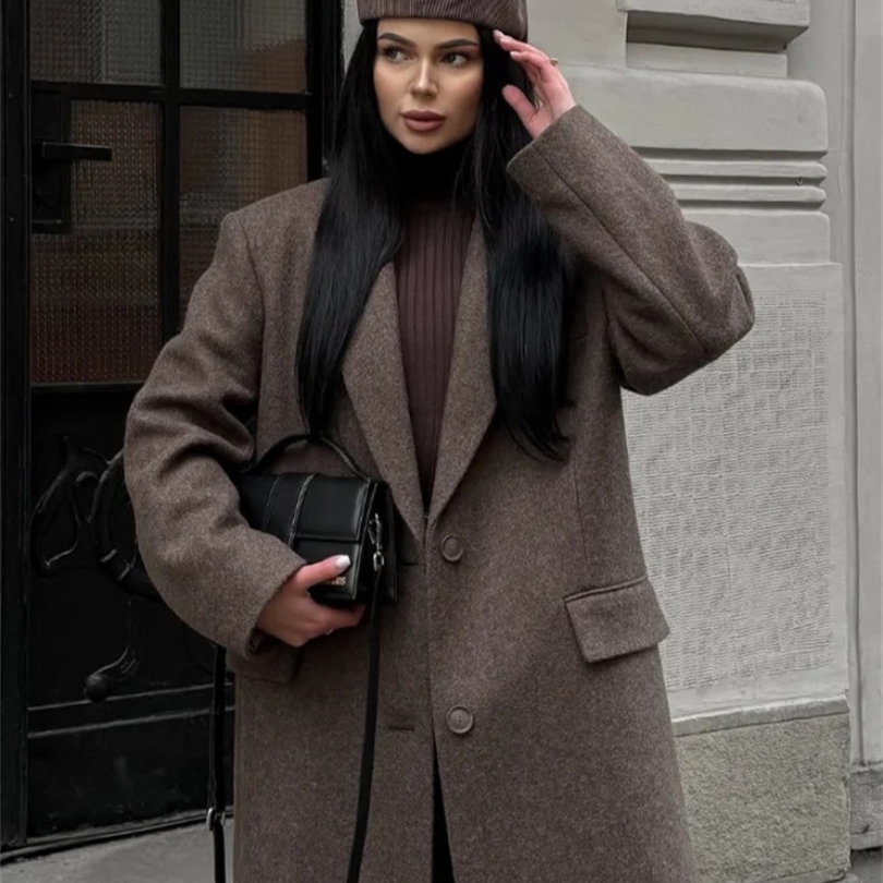 Brown Shoulder Pad Wool Blend Overcoat Women Elegant Lapel Singlebreasted Long Sleeve Coat Autumn Lady Outerwear 251021