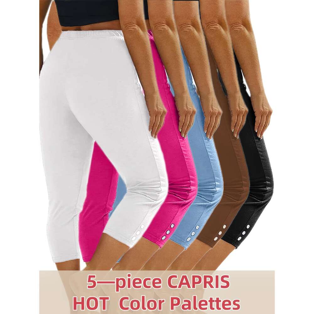 5pcs Plus Size Women's Capri Leggings - High Stretch, Solid Color with Button Detail, Perfect for Yoga & Running