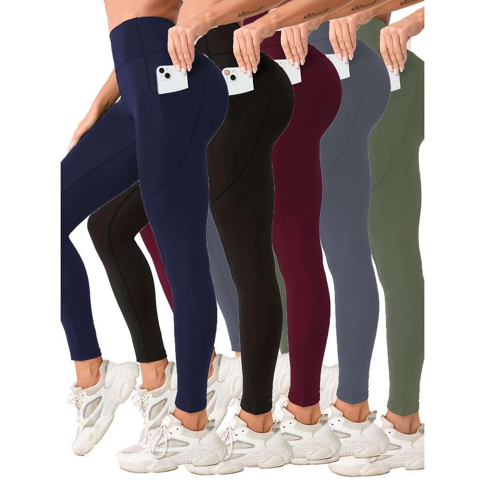 5-Pack Women's High-Waist Tummy Control Yoga Leggings With Pockets - Full-Length Solid Color Sports Pants, Indoor Training Trousers