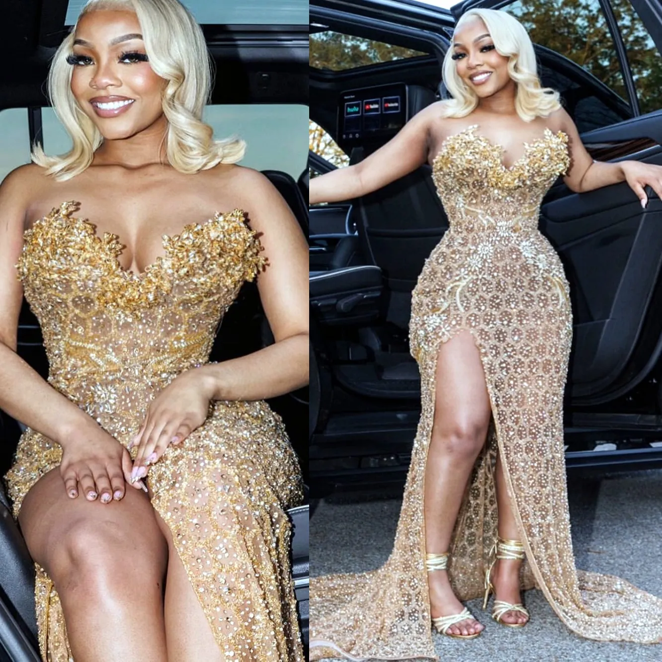 Gold Mermaid Plus Size Prom Dresses 2025 Crystals High Split Sequined Evening Formal Party Second Birthday Engagement Gowns Dress For Special Occasion