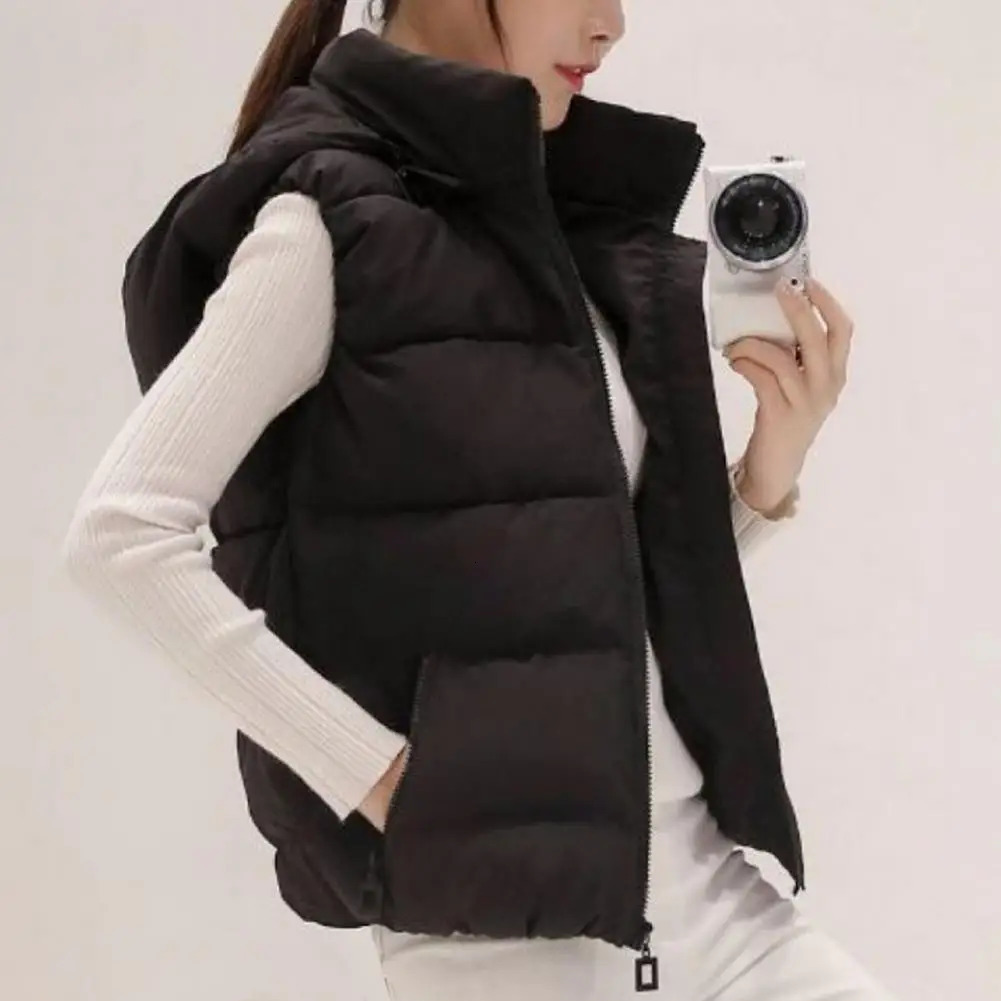 Women Sleeveless Pocket Hooded Vest Coats Winter Solid Color Warm Cotton Padded Jackets Waistcoat Female 251027