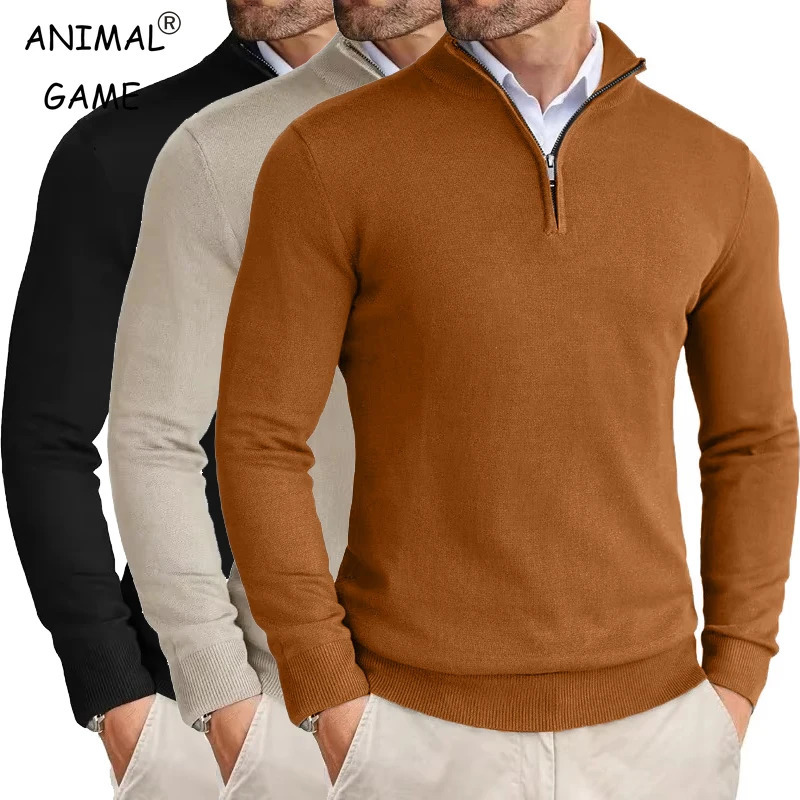Mens Quarter Zip Up Sweaters Slim Fit Lightweight Pullover Outdoor Mock Neck Tops Half Turtleneck Knitted Streetwear 251029