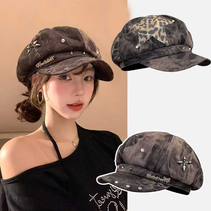 Y2K Personalized Star Sticker Design Rivet Design Berets Caps Women Spring Autumn Fashion Versatile Retro Tiedye Newsboy Hats