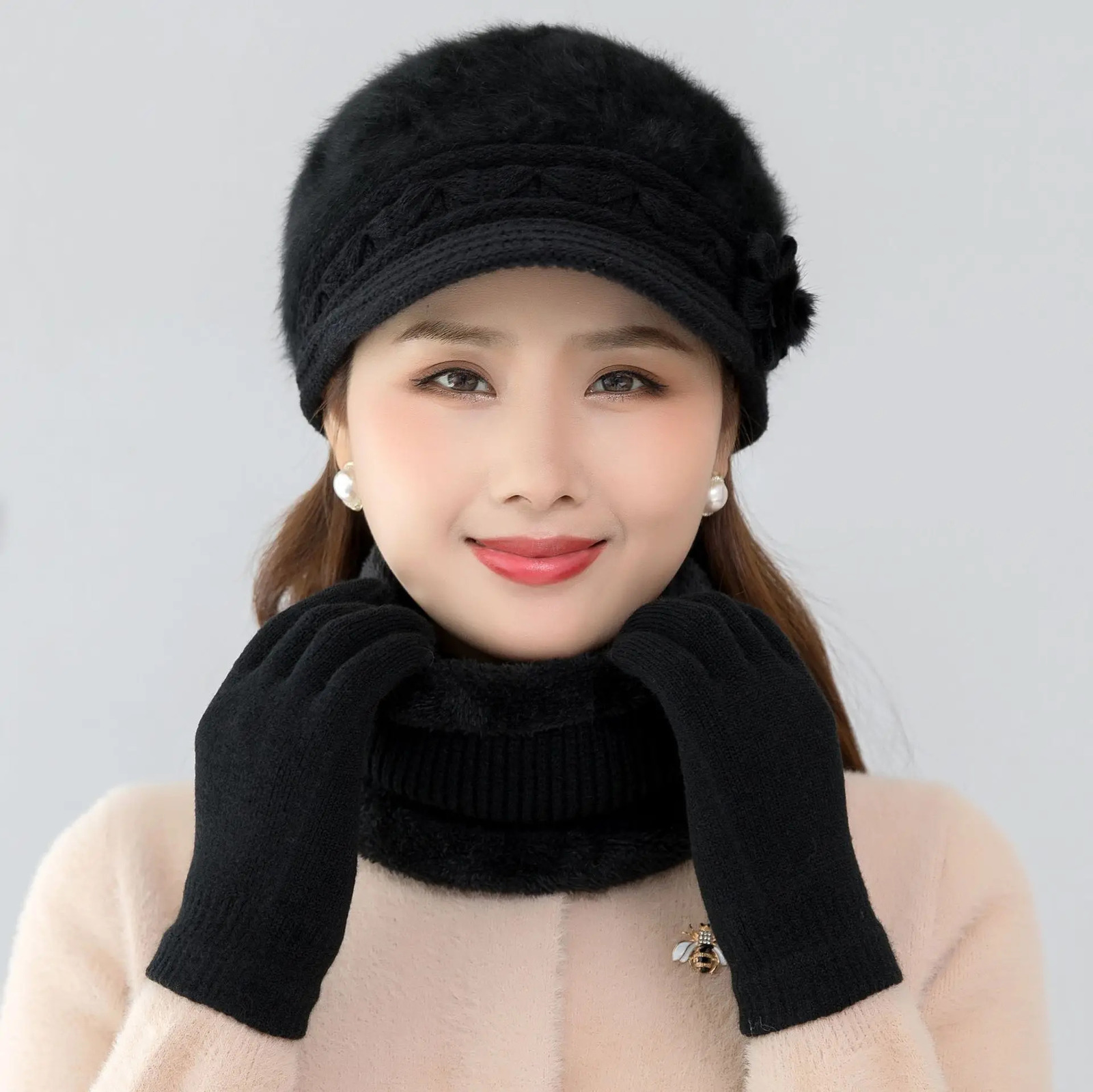 Women Winter Hat Keep Warm Cap Add Fur Lined Hat Scarf Warm Set Fashion Hat For Women Casual Faux Fur Flower Knitted Hat 251029