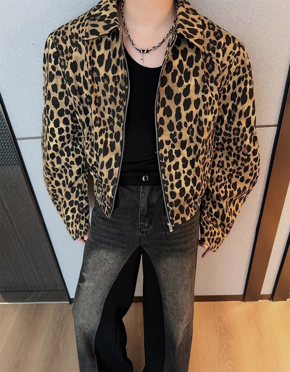 American Style Leopard Print Jacket For Men Spring And Autumn, High-end Feel Cool Short Jacket Trendy Brand Designer Jacket High Street Vibe Style Jac