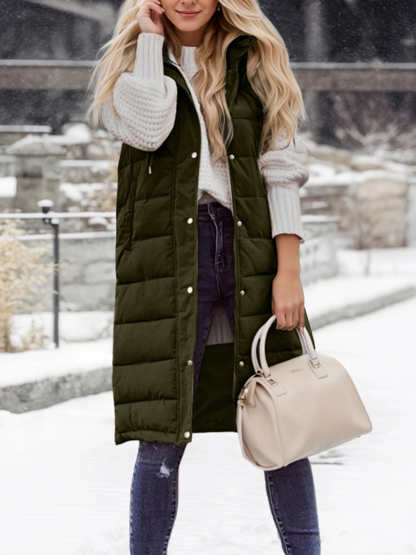 Winter Warmth Puffer Vest Soft Solid Color Sleeveless Hooded Long Vest for Women Cozy Outwear for Cold Weather 251029