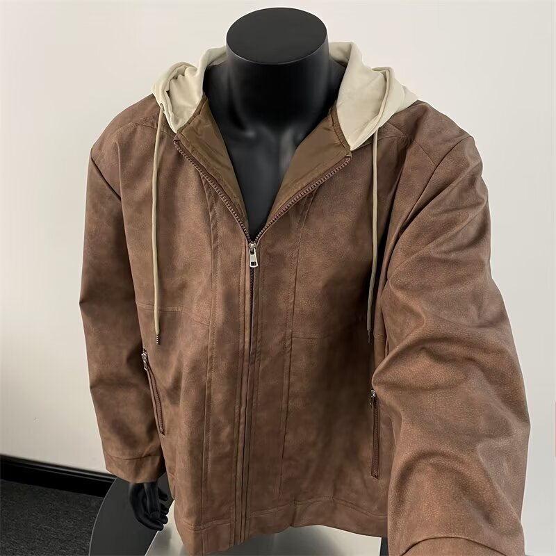 Spring And Autumn Designer Jacket Leather Jacket For Men And Women 2025 New American Style Short Niche Fake Two-piece Hooded Jacket Trendy Brand