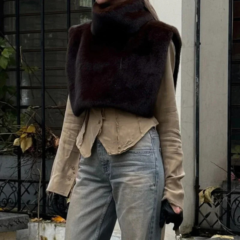 Winter Solid Faux Fur Vest for Women Sleeveless High Collar Thickened Warm Jackets Female Street Allmatch Outwear 251029