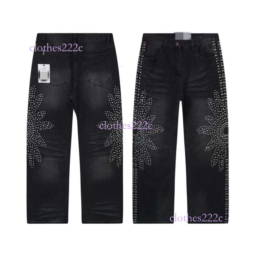 Trendy Vintage Full Rhinestone Ripped Jeans Street Style Hip Hop Long Pants Unisex