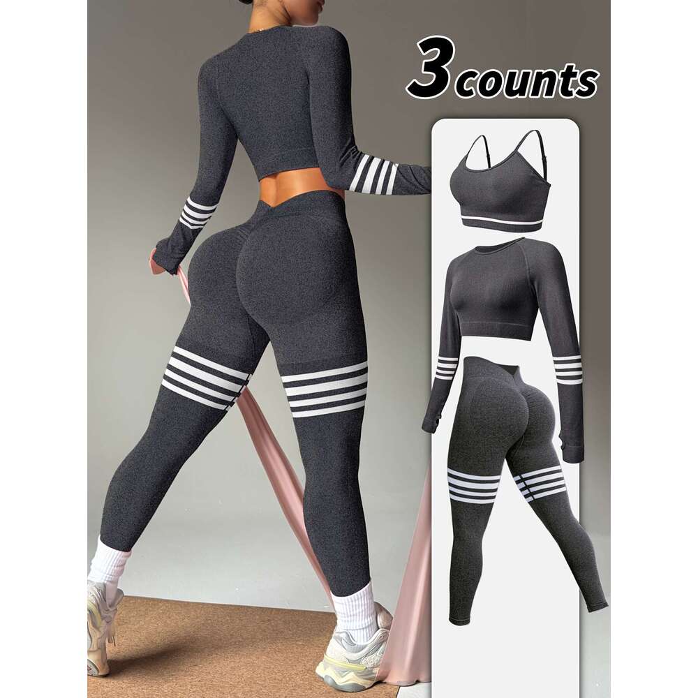 Three-Piece Set Women's Seamless Striped Color Block Sports Bra Long Sleeve Pants High Elasticity Light Beige-Friendly Moisture-Wicking Quick-Dry