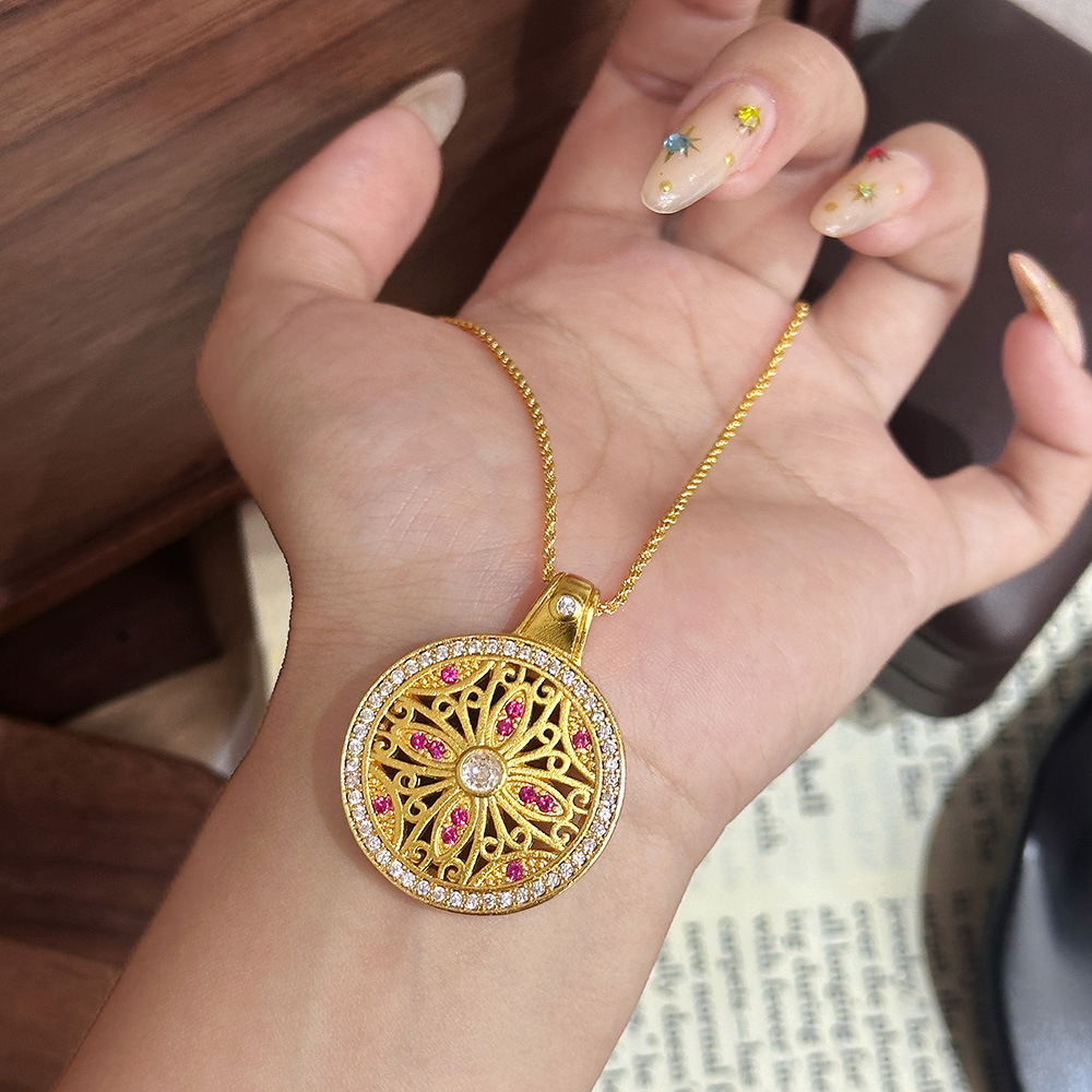 TaiYang New Gold Plated Copper Ancient Gold Sunflower Necklace, Double-Sided Full Pave Compass Pendant with Vintage Finish for Women