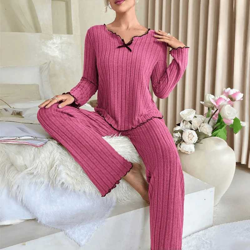 Women Autumn Winter Sleepwear Ribbed Pajamas Set Long Sleeve Top and Long Pants 2 Piece Set Casual Homewear LoungewearT251029