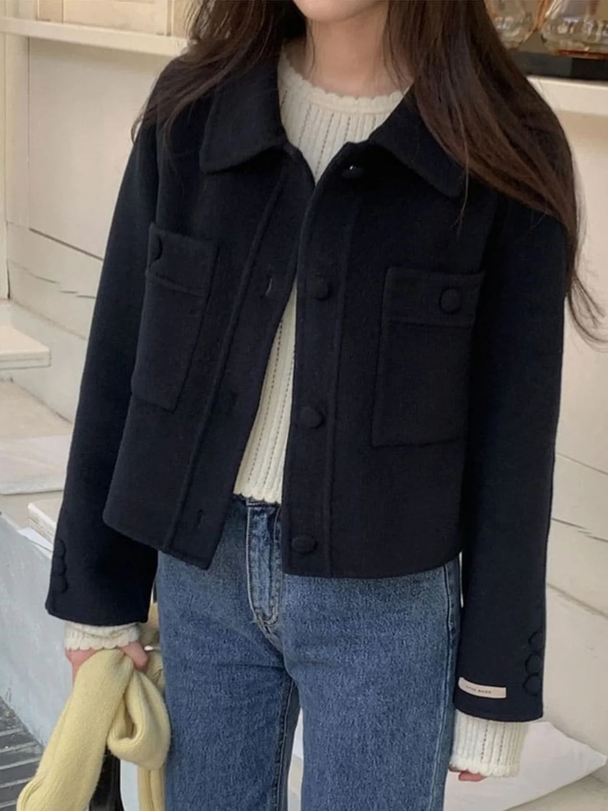 ort Korean Sle Womens Coat Woolen Jaet Lapel Single Button Versatile Winter Outerwear Thiened Long Sve Pure Color 251029
