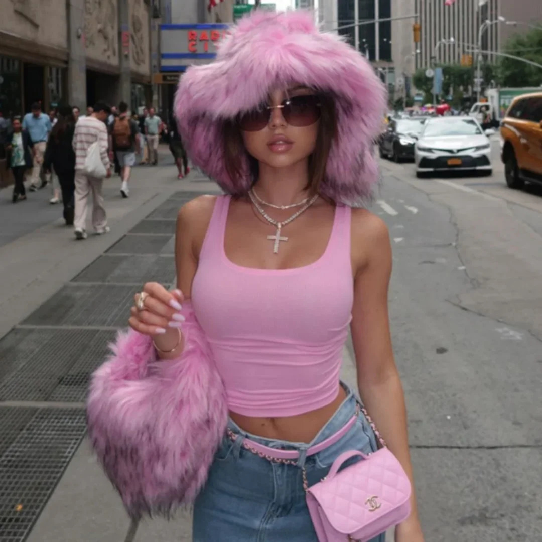 y Fluffy Women Faux Fur Bucket Hats Oversized 17cm Wide Brim Thicken Outdoor Warm Plush Punk Hat Girl Y2k Female Ski Panama 251013