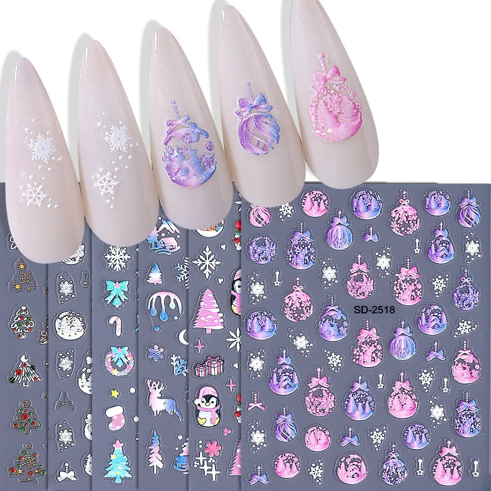 6pcs Christmas Nails Art Stickers 5D Embossed Christmas tree Snowflake Gloves Elk Bow Nail Decals Sliders DIY Manicure Decor 251027