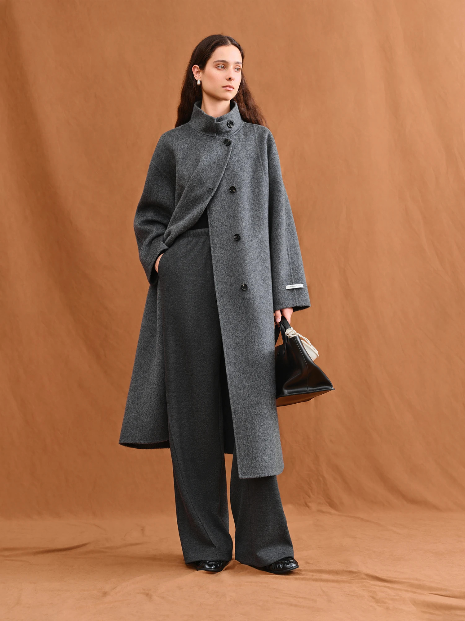 FSLE Womens Elegant Stand Collar 100 Wool DoubleFaced Long Coat DiamondShaped Tailoring Autumn Winter Outerwear 251028