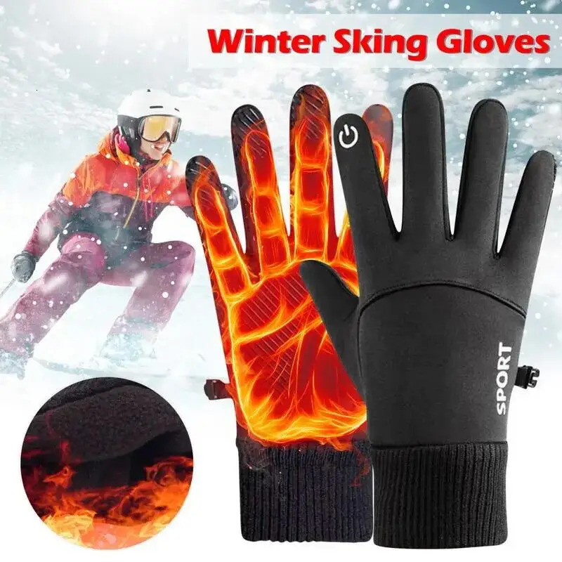 Black Winter Warm Full Fingers Waterproof Cycling Outdoor Sports Running Motorcycle Ski Touch Screen Fleece Gloves 251013