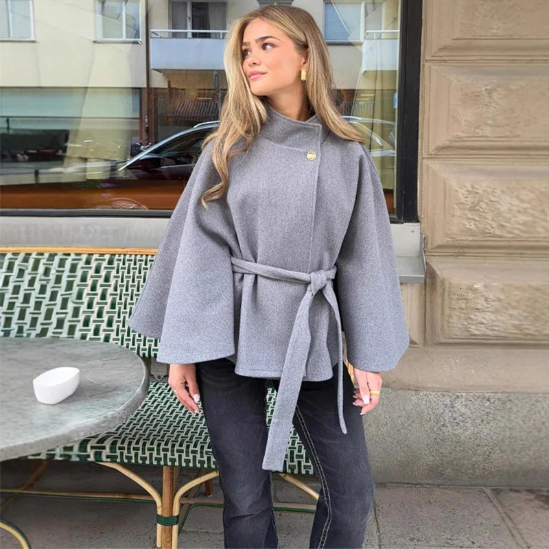 Trendix 2025 Autumn Elegant Coat Femme Fashion Lace Up Slim Woolen Coats Tops Street Casual Solid Turtleneck Jacket Women 251029