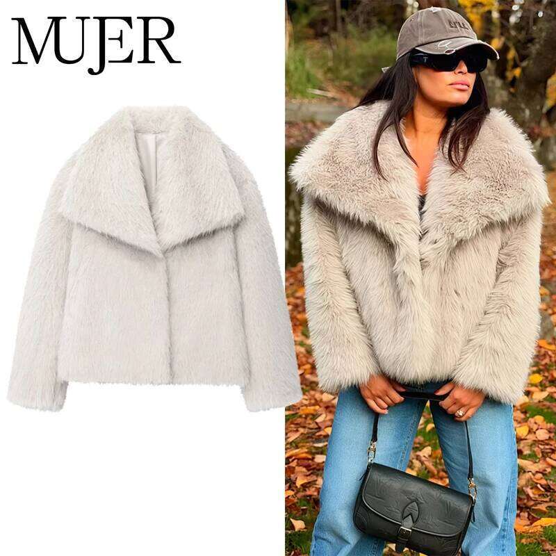 MUJER Coat Plush Fluffy Women's Jacket 2025 Woman Autumn Winter New In Outerwears White Red Gray Black Blends Coats